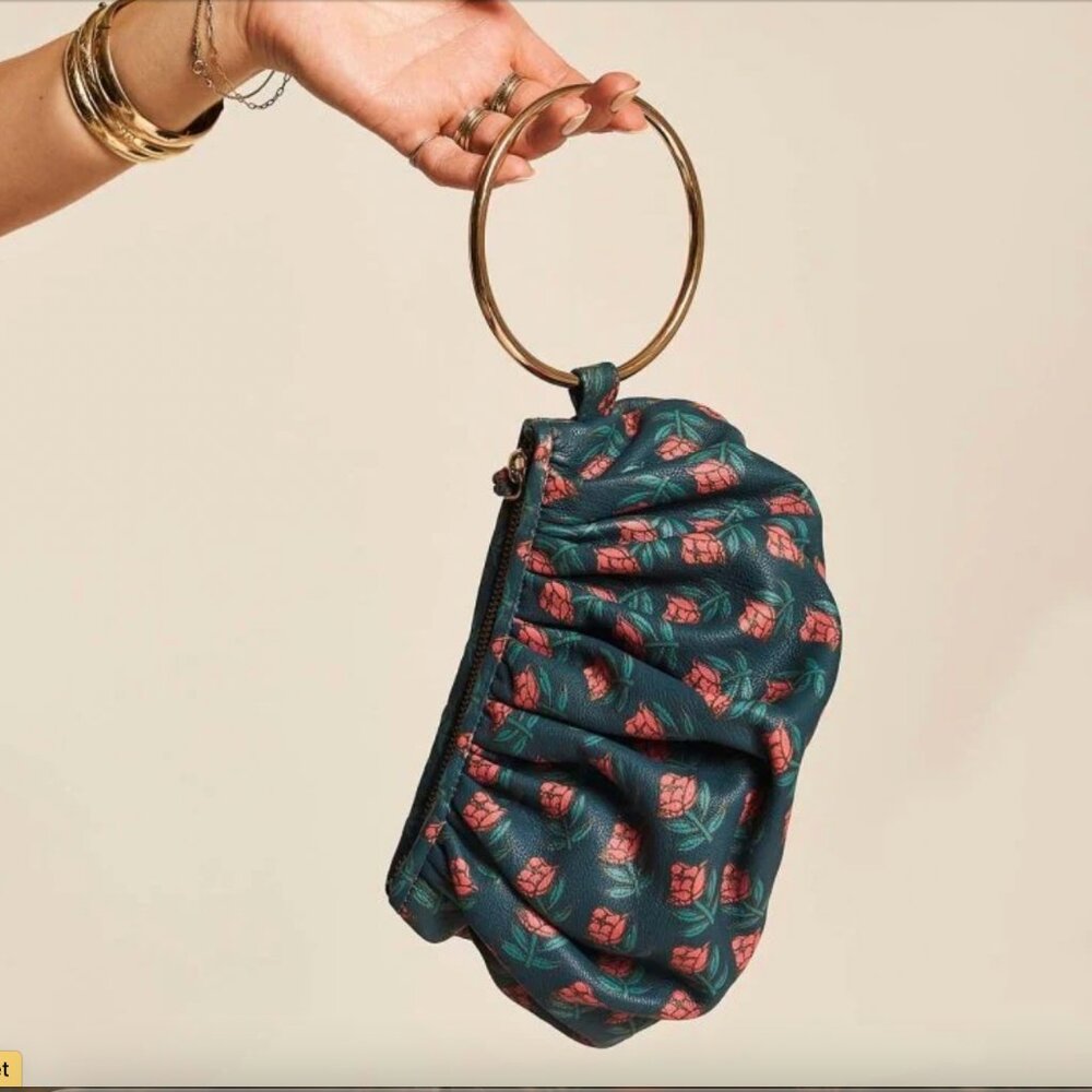 Llani Kavi Leather Brass Ring Floral Colorblock Wristlet in Teal